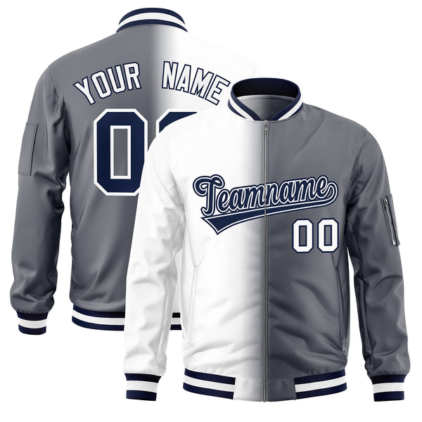 Custom White Dark Gray Full-Zip Gradient Fashion Letterman Bomber Jacket | BuyFootballJersey