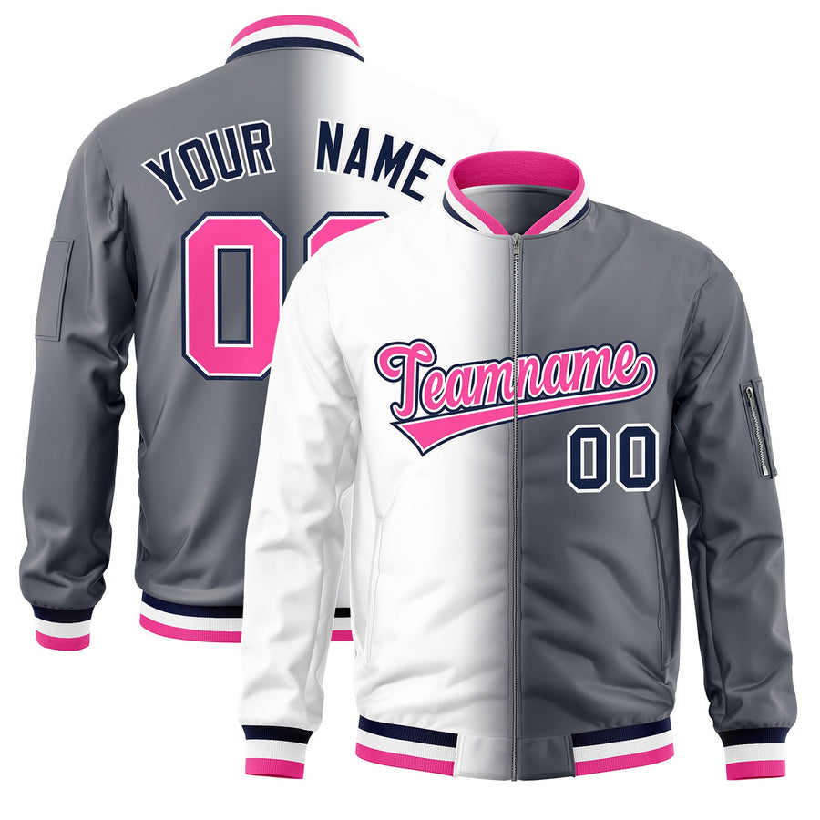 Custom White Dark Gray Full-Zip Gradient Fashion Letterman Bomber Jacket | BuyFootballJersey