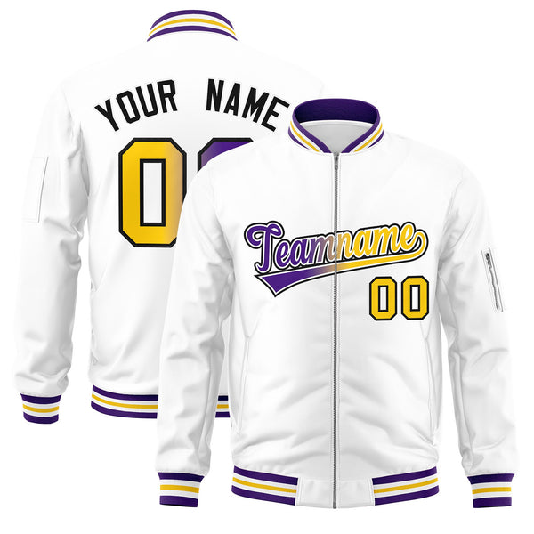 Custom White Full-Zip Gradient Fashion Letterman Bomber Jacket | BuyFootballJersey