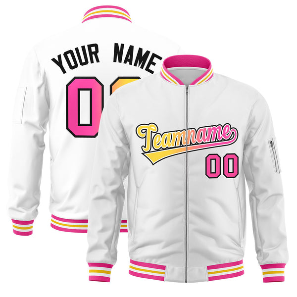 Custom White Full-Zip Gradient Fashion Letterman Bomber Jacket | BuyFootballJersey