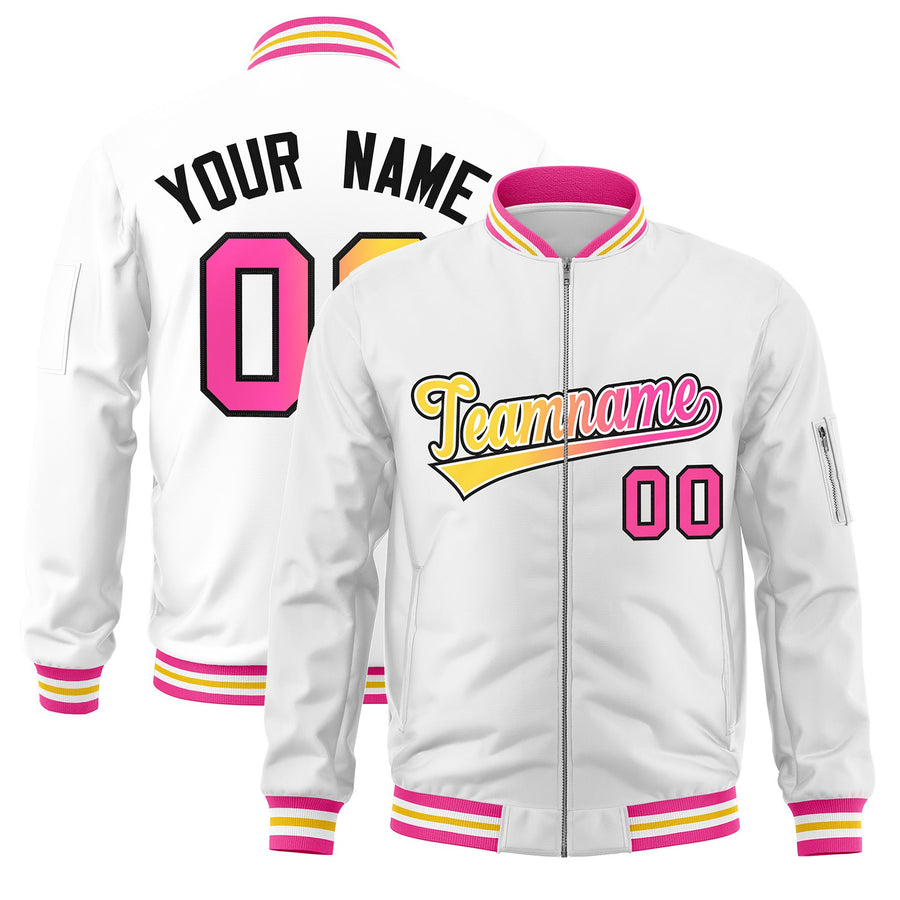 Custom White Full-Zip Gradient Fashion Letterman Bomber Jacket | BuyFootballJersey