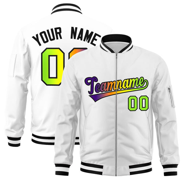 Custom White Full-Zip Gradient Fashion Letterman Bomber Jacket | BuyFootballJersey