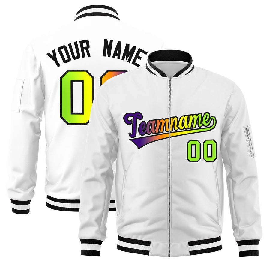Custom White Full-Zip Gradient Fashion Letterman Bomber Jacket | BuyFootballJersey