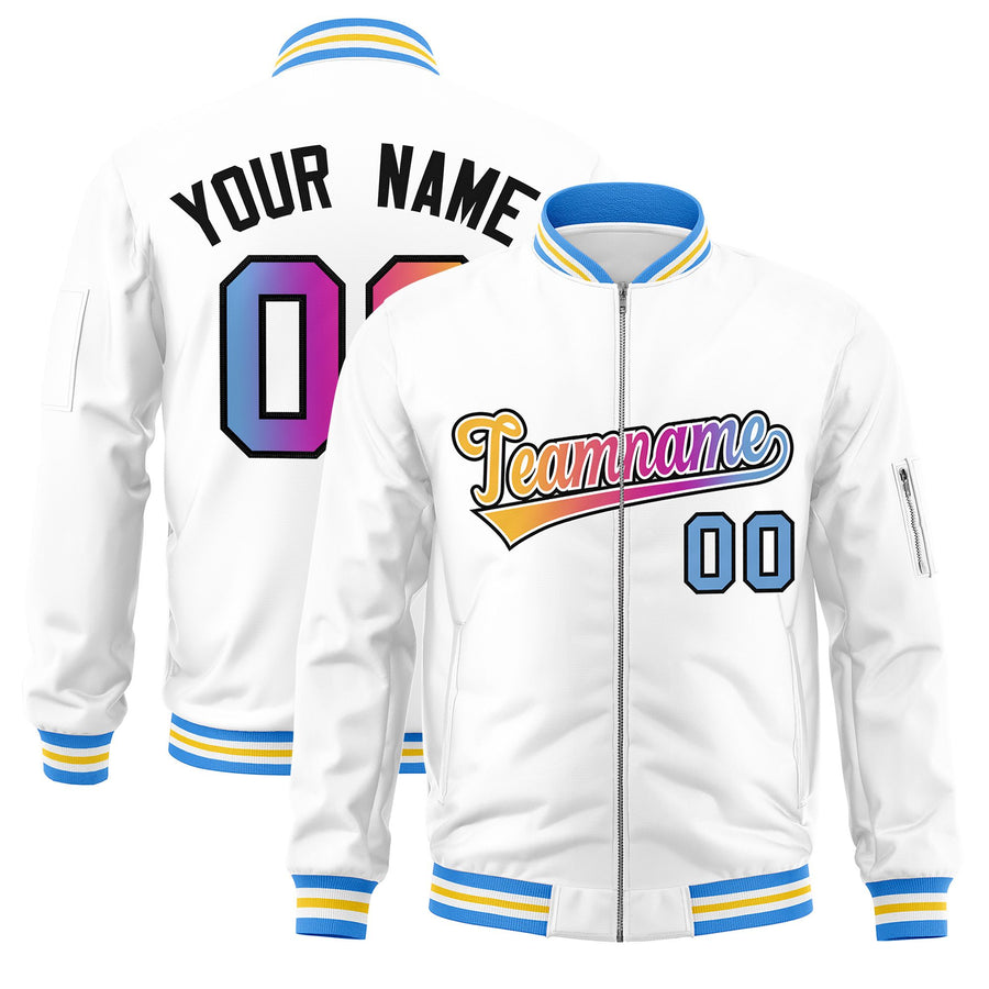 Custom White Full-Zip Gradient Fashion Letterman Bomber Jacket | BuyFootballJersey