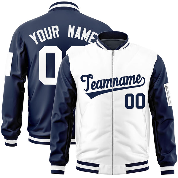 Custom White Navy Varsity Full-Zip Two-Tone Letterman Bomber Jacket | BuyFootballJersey