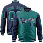 Custom Aqua Navy Varsity Full-Zip Two-Tone Letterman Bomber Jacket | BuyFootballJersey