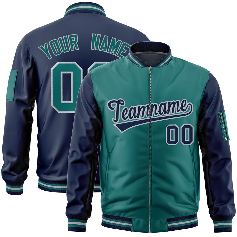 Custom Aqua Navy Varsity Full-Zip Two-Tone Letterman Bomber Jacket | BuyFootballJersey