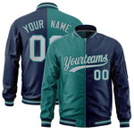 Custom Aqua Navy Split Varsity Full-Zip Two Tone Letterman Bomber Jacket | BuyFootballJersey