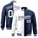 Custom White Navy Split Varsity Full-Zip Two Tone Letterman Bomber Jacket | BuyFootballJersey