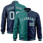 Custom Aqua Navy Split Varsity Full-Zip Two Tone Letterman Bomber Jacket | BuyFootballJersey