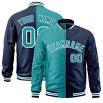 Custom Aqua Navy Split Varsity Full-Zip Two Tone Letterman Bomber Jacket | BuyFootballJersey