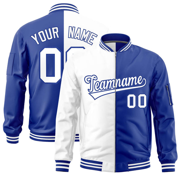 Custom White Royal Split Varsity Full-Zip Two Tone Letterman Bomber Jacket | BuyFootballJersey