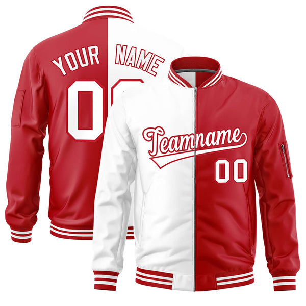Custom White Red Split Varsity Full-Zip Two Tone Letterman Bomber Jacket | BuyFootballJersey
