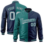 Custom Aqua Navy Split Varsity Full-Zip Two Tone Letterman Bomber Jacket | BuyFootballJersey