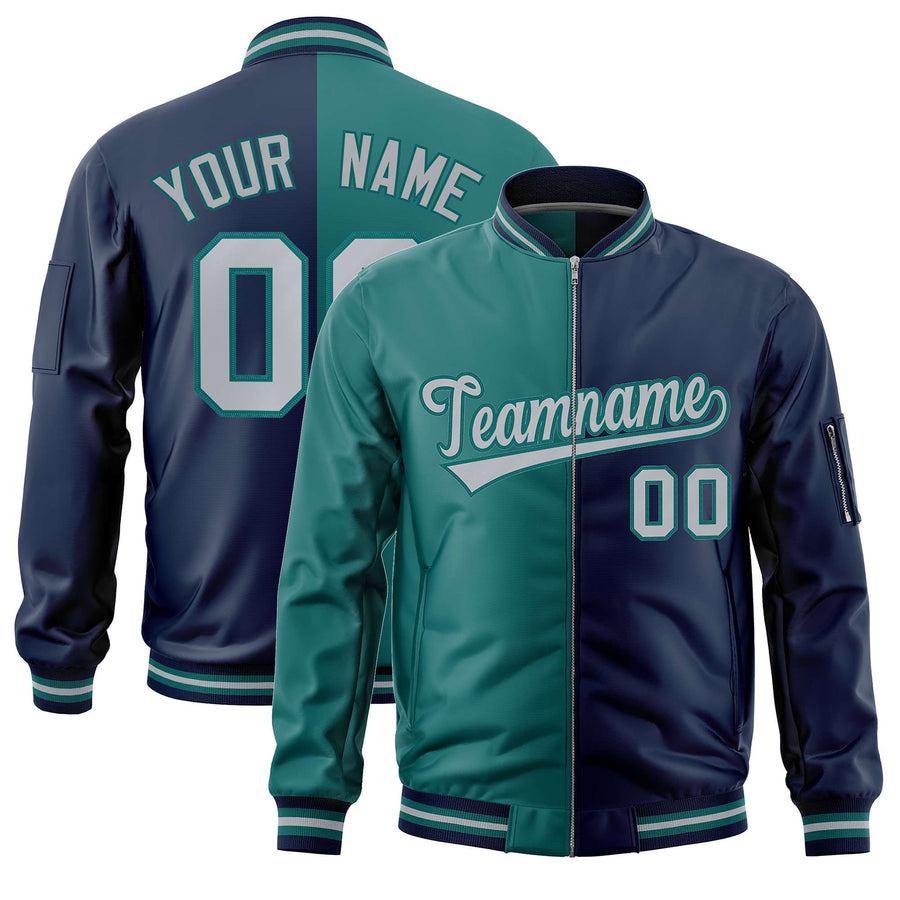 Custom Aqua Navy Split Varsity Full-Zip Two Tone Letterman Bomber Jacket | BuyFootballJersey