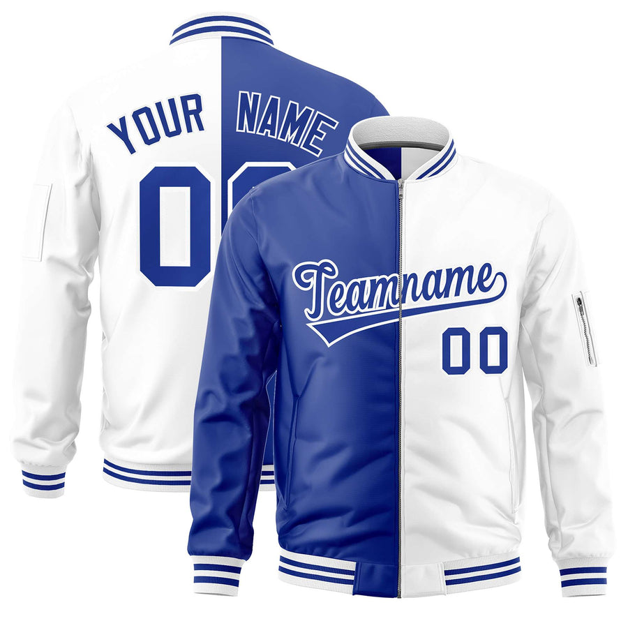 Custom Royal White Split Varsity Full-Zip Two Tone Letterman Bomber Jacket | BuyFootballJersey