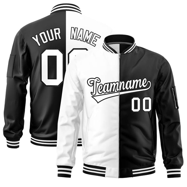 Custom White Black Split Varsity Full-Zip Two Tone Letterman Bomber Jacket | BuyFootballJersey