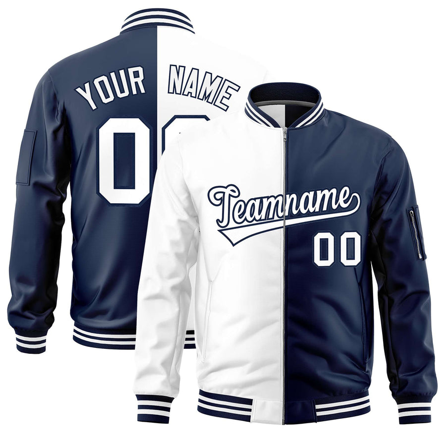 Custom White Navy Split Varsity Full-Zip Two Tone Letterman Bomber Jacket | BuyFootballJersey