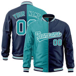 Custom Aqua Navy Split Varsity Full-Zip Two Tone Letterman Bomber Jacket | BuyFootballJersey