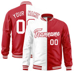 Custom White Red Split Varsity Full-Zip Two Tone Letterman Bomber Jacket | BuyFootballJersey