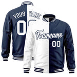 Custom White Navy Split Varsity Full-Zip Two Tone Letterman Bomber Jacket | BuyFootballJersey