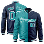 Custom Aqua Navy Split Varsity Full-Zip Two Tone Letterman Bomber Jacket | BuyFootballJersey
