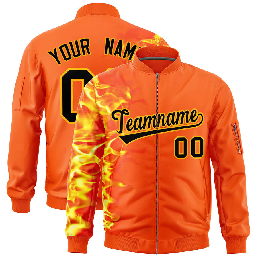 Custom Orange 3D Flame Varsity Full-Zip Letterman Bomber Jacket | BuyFootballJersey