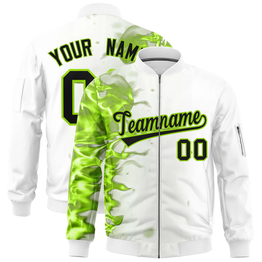 Custom White 3D Flame Varsity Full-Zip Letterman Bomber Jacket | BuyFootballJersey