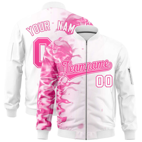 Custom White 3D Flame Varsity Full-Zip Letterman Bomber Jacket | BuyFootballJersey