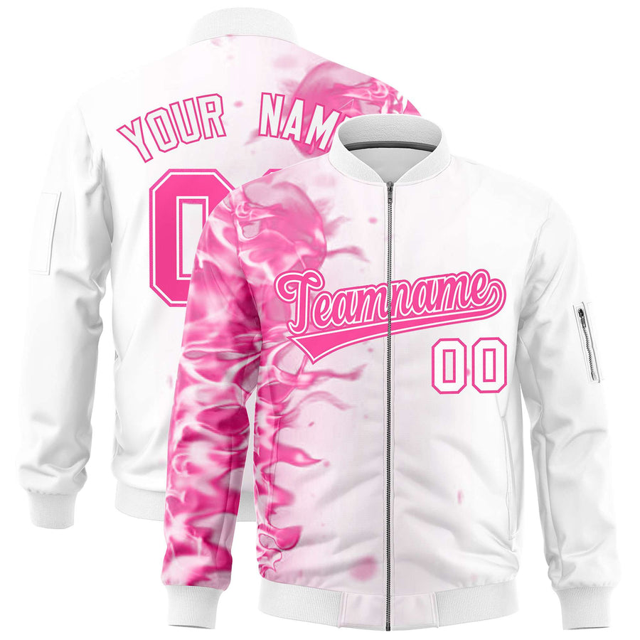 Custom White 3D Flame Varsity Full-Zip Letterman Bomber Jacket | BuyFootballJersey