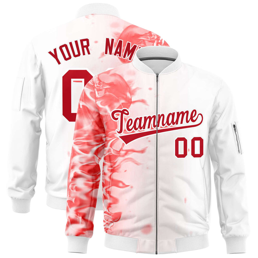 Custom White 3D Flame Varsity Full-Zip Letterman Bomber Jacket | BuyFootballJersey