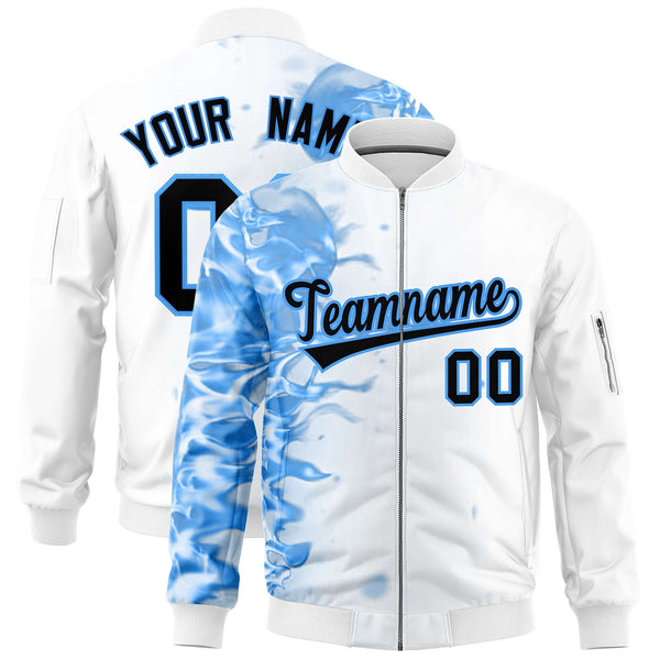 Custom White 3D Flame Varsity Full-Zip Letterman Bomber Jacket | BuyFootballJersey