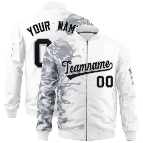 Custom White 3D Flame Varsity Full-Zip Letterman Bomber Jacket | BuyFootballJersey
