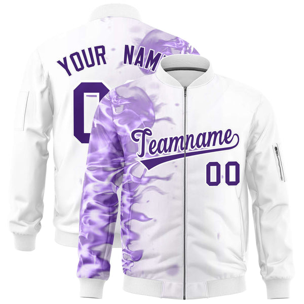 Custom White 3D Flame Varsity Full-Zip Letterman Bomber Jacket | BuyFootballJersey