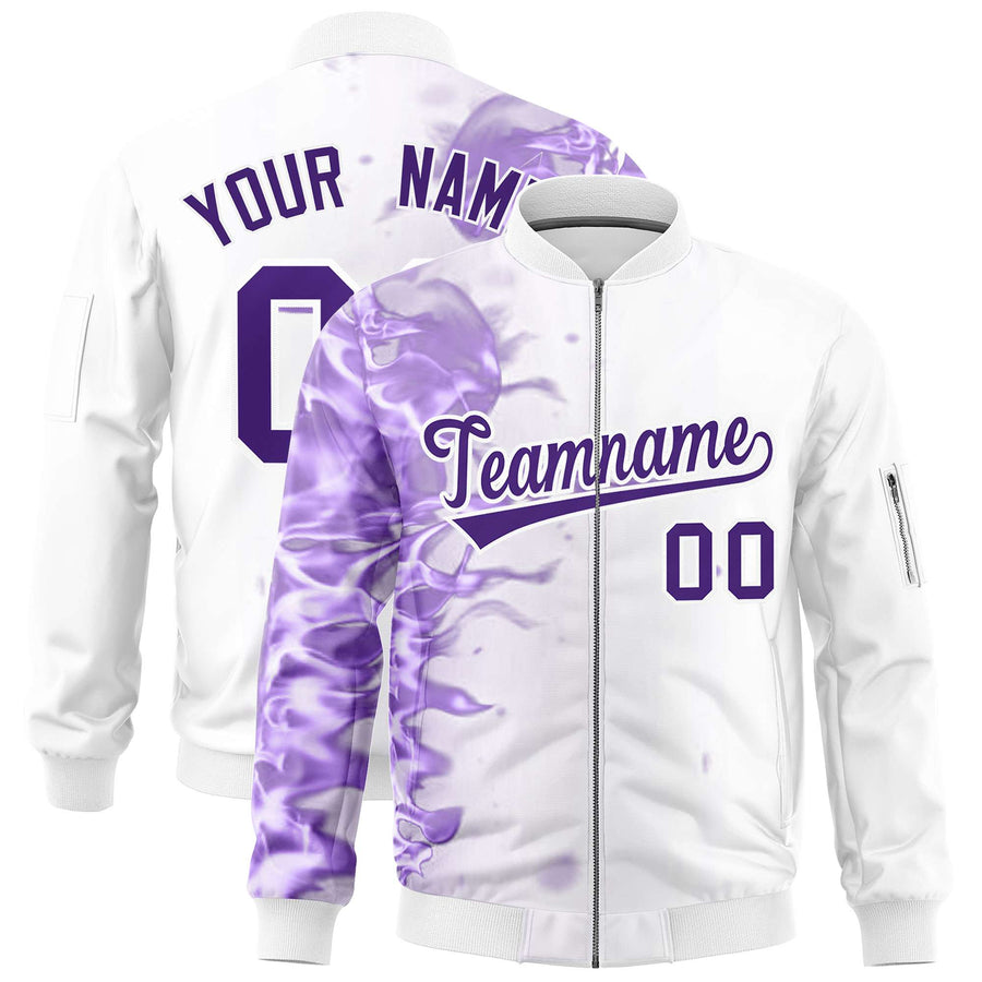 Custom White 3D Flame Varsity Full-Zip Letterman Bomber Jacket | BuyFootballJersey