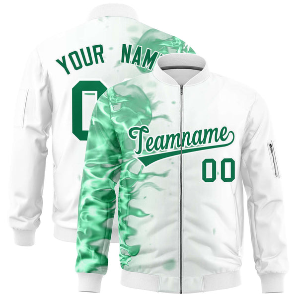 Custom White 3D Flame Varsity Full-Zip Letterman Bomber Jacket | BuyFootballJersey