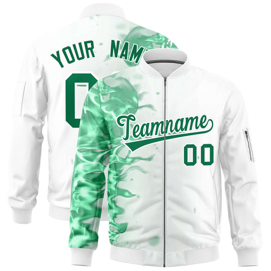 Custom White 3D Flame Varsity Full-Zip Letterman Bomber Jacket | BuyFootballJersey