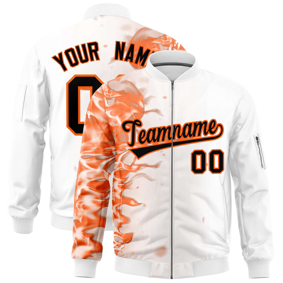 Custom White 3D Flame Varsity Full-Zip Letterman Bomber Jacket | BuyFootballJersey