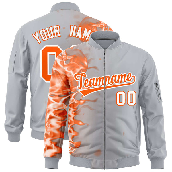 Custom Silver 3D Flame Varsity Full-Zip Letterman Bomber Jacket | BuyFootballJersey