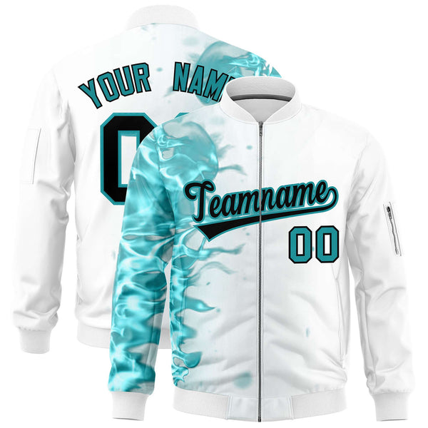 Custom White 3D Flame Varsity Full-Zip Letterman Bomber Jacket | BuyFootballJersey