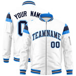 Custom White Powder Blue-Navy Varsity Full-Zip Shoulder Color Block Letterman Bomber Jacket | BuyFootballJersey