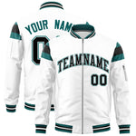 Custom White Aqua-Black Varsity Full-Zip Shoulder Color Block Letterman Bomber Jacket | BuyFootballJersey