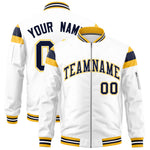 Custom White Gold-Navy Varsity Full-Zip Shoulder Color Block Letterman Bomber Jacket | BuyFootballJersey