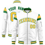 Custom White Kelly Green-Gold Varsity Full-Zip Shoulder Color Block Letterman Bomber Jacket | BuyFootballJersey