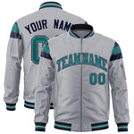 Custom Silver Navy-Aqua Varsity Full-Zip Shoulder Color Block Letterman Bomber Jacket | BuyFootballJersey
