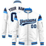 Custom White Powder Blue-Navy Varsity Full-Zip Shoulder Color Block Letterman Bomber Jacket | BuyFootballJersey