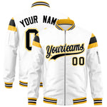 Custom White Gold-Black Varsity Full-Zip Shoulder Color Block Letterman Bomber Jacket | BuyFootballJersey
