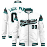 Custom White Aqua-Black Varsity Full-Zip Shoulder Color Block Letterman Bomber Jacket | BuyFootballJersey