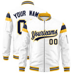 Custom White Gold-Navy Varsity Full-Zip Shoulder Color Block Letterman Bomber Jacket | BuyFootballJersey