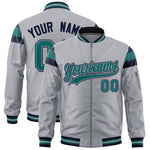 Custom Silver Navy-Aqua Varsity Full-Zip Shoulder Color Block Letterman Bomber Jacket | BuyFootballJersey